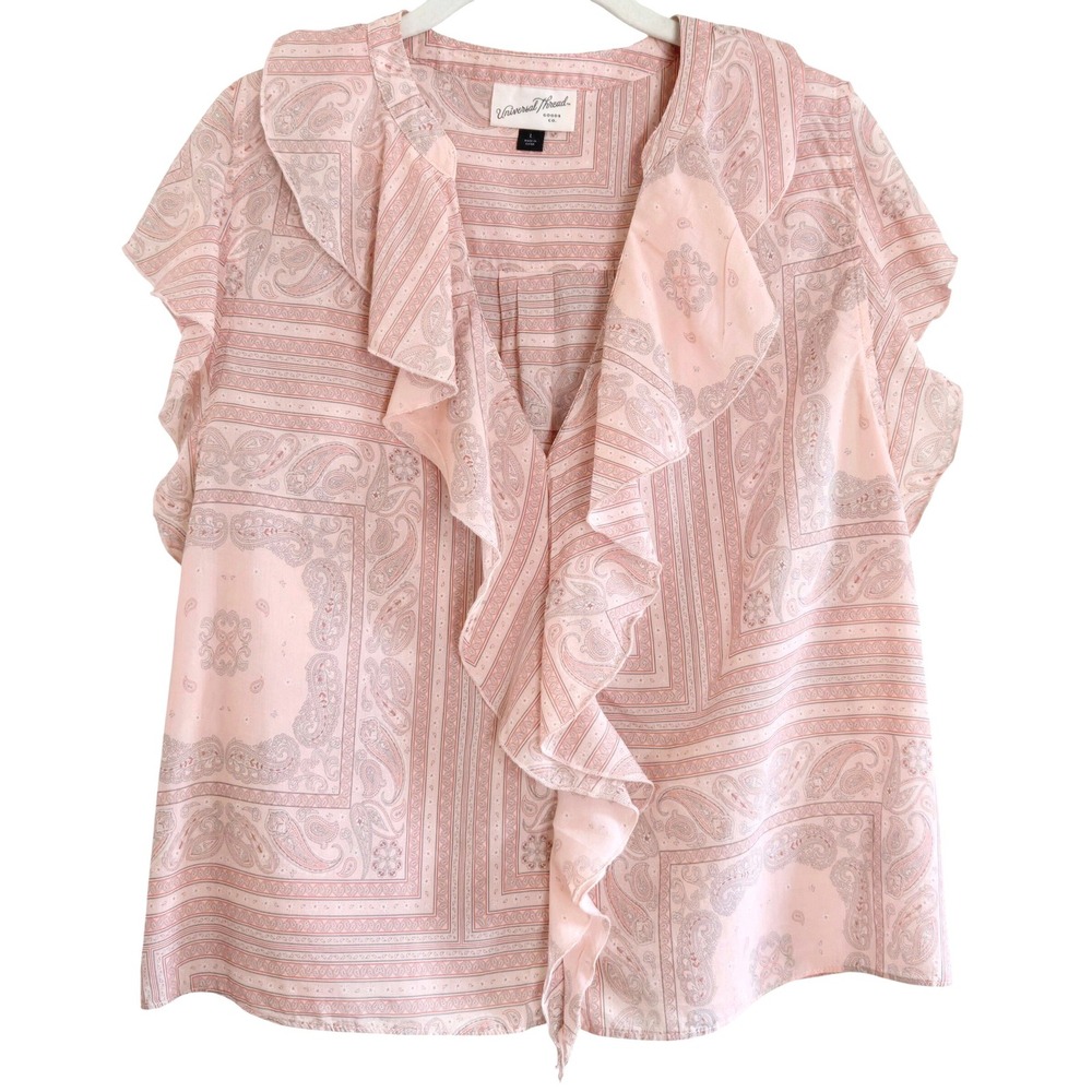 Universal Thread, Pink‎ Paisley, Ruffle V-Neck, Sleeveless Boho Blouse, Sz L
